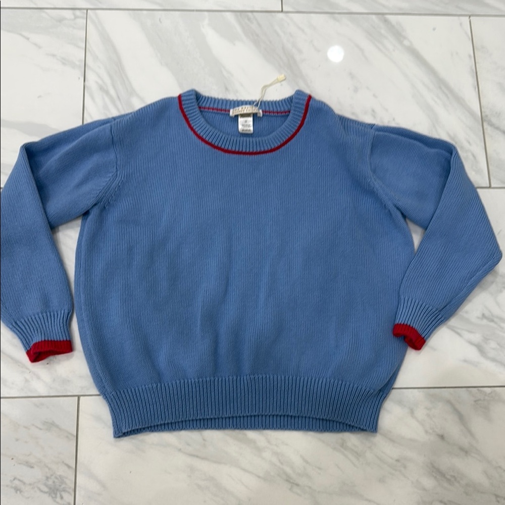 Blue Sweater with Red Trim